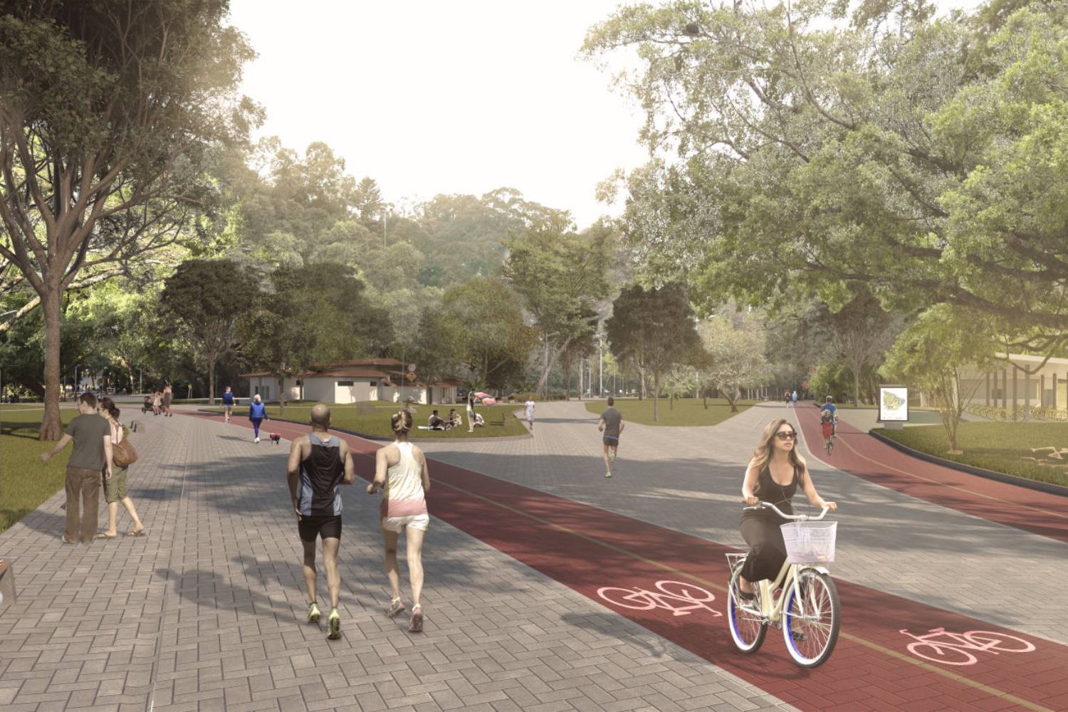 Imagem digital de várias pessoas andando pelo Parque Ibirapuera, com ciclistas andando na ciclovia.